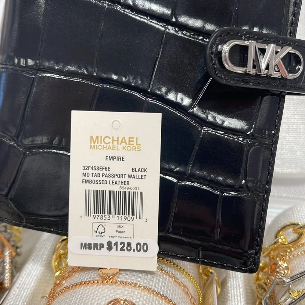 Michael Kors Empire Metallic Crocodile Embossed Leather Passport Wallet Black